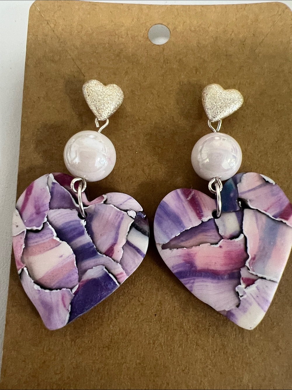 Handmade Purple Marble Heart Drop Earrings - Women Jewelry